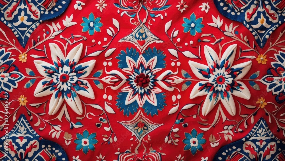 Vibrant Javanese batik textile featuring intricate red and white floral patterns with blue accents showcasing traditional Southeast Asian artistry. Vibrant Javanese batik textile featuring intricate red and white floral patterns with blue accents showcasing traditional Southeast Asian artistry.