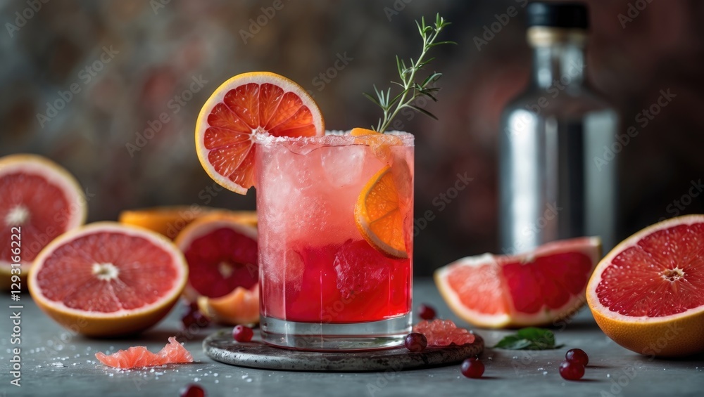 Ruby-Red Grapefruit Cocktail with Fresh Garnish Surrounded by Halved Fruit and Empty Space for Custom Text Ruby-Red Grapefruit Cocktail with Fresh Garnish Surrounded by Halved Fruit and Empty Space for Custom Text