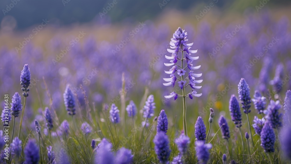 Obraz premium Vibrant Purple Flowers In A Meadow With Blurred Background And Space For Text Or Message