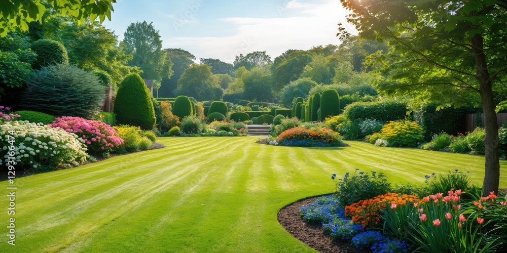 Obraz premium Lush Garden Landscape Featuring Mowed Lawn and Vibrant Flower Beds with Natural Light and Space for Text Elements