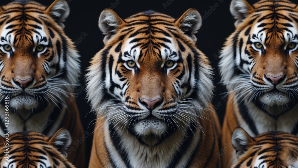 Obraz premium Majestic seamless tiger pattern showcasing vibrant fur textures and striking facial features on a dark background for bold design use.