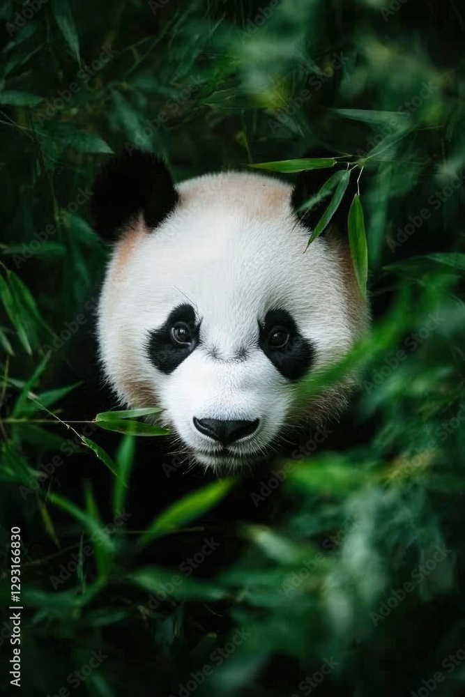 Fototapeta premium Panda Peeking Through Bamboo Forest