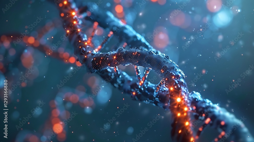 Close-Up View of Colorful DNA Double Helix Structure with Glowing Particles in Blue Background