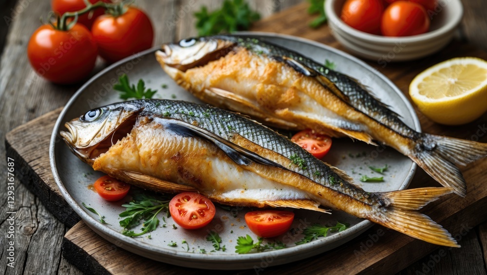 Fried Fish Dish Served on Rustic Plate with Fresh Tomatoes and Lemon Garnish for Delicious Culinary Presentation Fried Fish Dish Served on Rustic Plate with Fresh Tomatoes and Lemon Garnish for Delicious Culinary Presentation