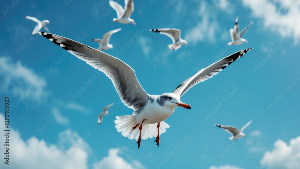 Obraz premium Seagulls Soaring Against a Clear Blue Sky Capturing the Freedom and Grace of Coastal Birdlife in Flight