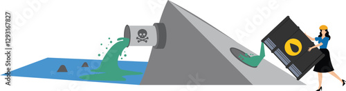 Worker dump radioactive waste into the sea, hazardous waste water pollution, global concern for human and environment health, harmful material contamination