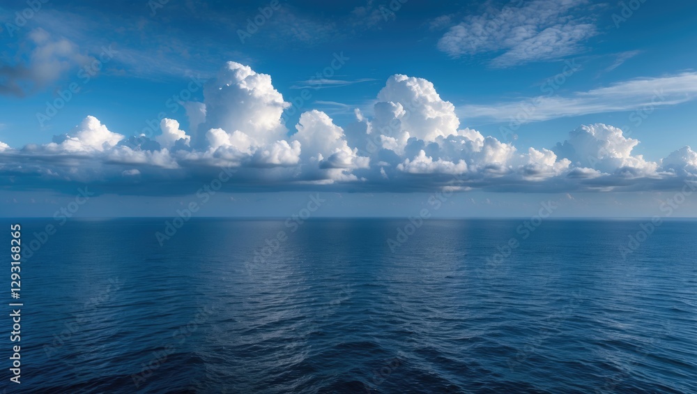 Obraz premium Tranquil Ocean Horizon with Blue Skies and Dramatic Clouds Reflecting on Calm Waters