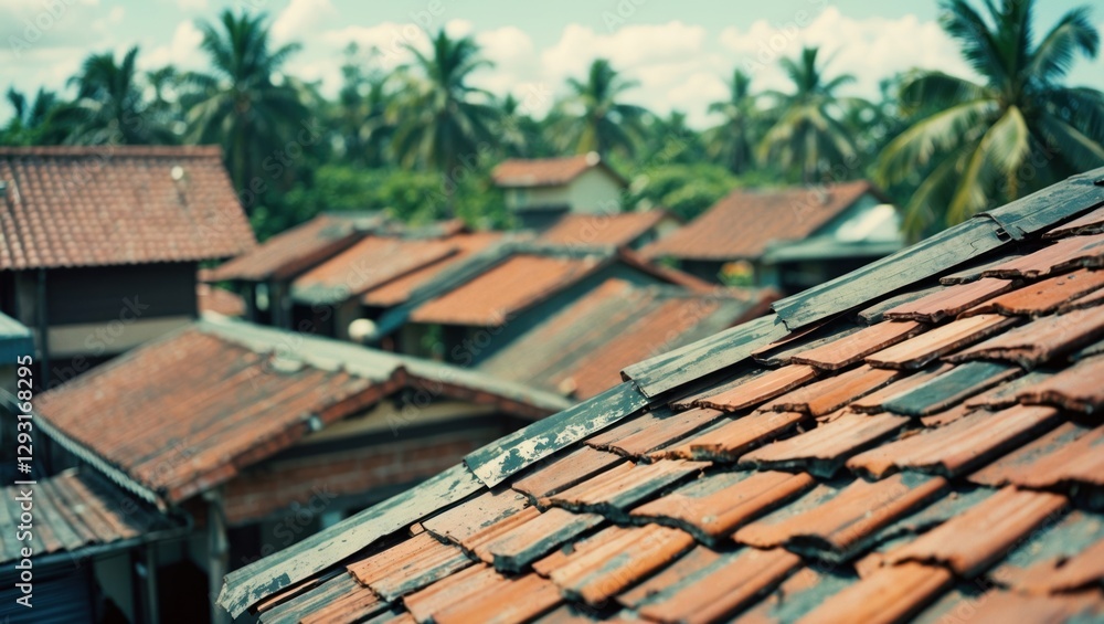 Aged terracotta roof tiles on a traditional Thai house with palm trees and distant rooftops under a bright blue sky. Aged terracotta roof tiles on a traditional Thai house with palm trees and distant rooftops under a bright blue sky.