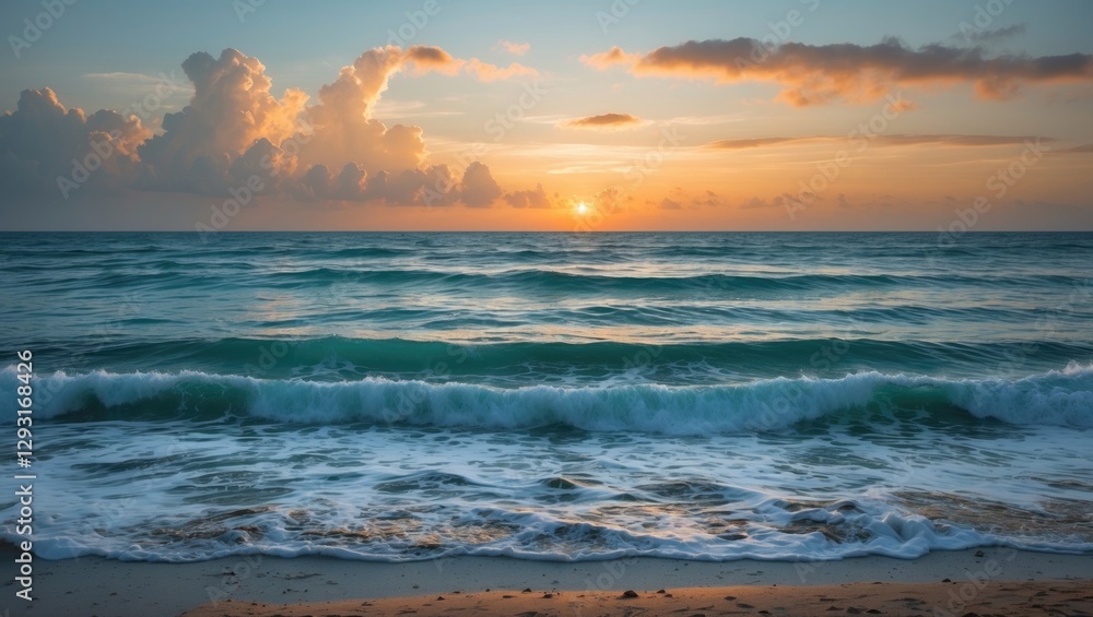 Tranquil coastal sunset over gentle waves with a vibrant sky creating a serene atmosphere perfect for holiday relaxation and nature appreciation. Tranquil coastal sunset over gentle waves with a vibrant sky creating a serene atmosphere perfect for holiday relaxation and nature appreciation.