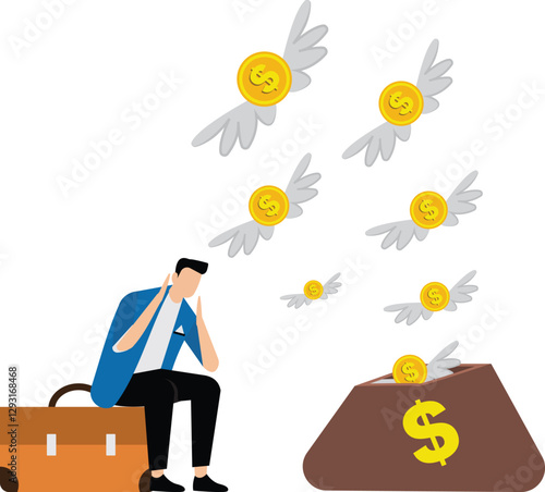 Losing money from business or bankruptcy, wrong investment or economic crisis, hopeless businessman watching his money flew away