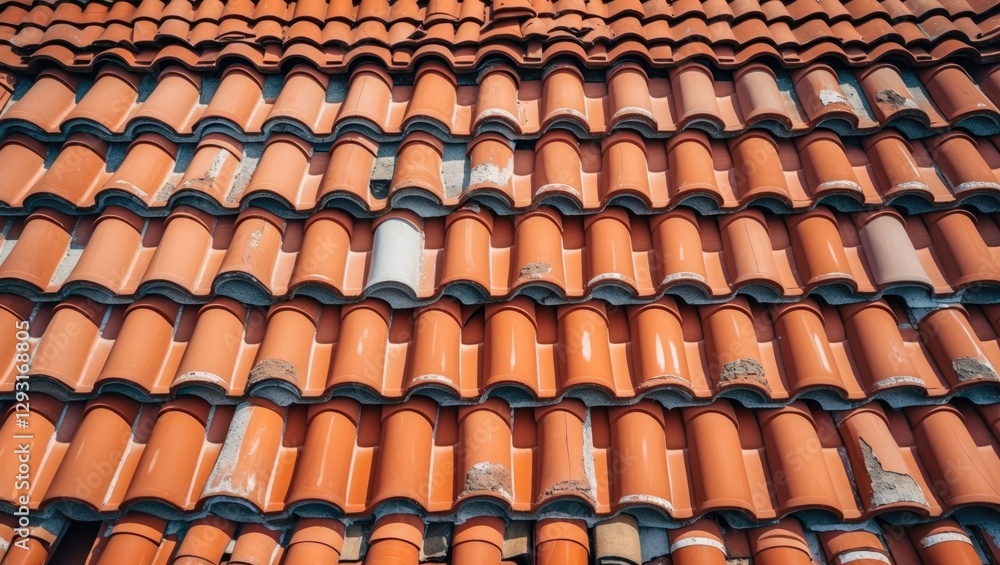 Terracotta Roof Tiles Pattern with Worn Textures against Beige Background Ideal for Architectural and Design Themes. Terracotta Roof Tiles Pattern with Worn Textures against Beige Background Ideal for Architectural and Design Themes.