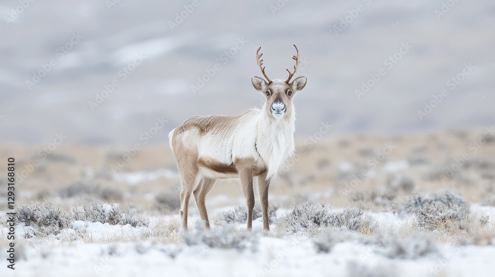 Reindeer in snowy plains, serene winter landscape, possible nature photography use Reindeer in snowy plains, serene winter landscape, possible nature photography use