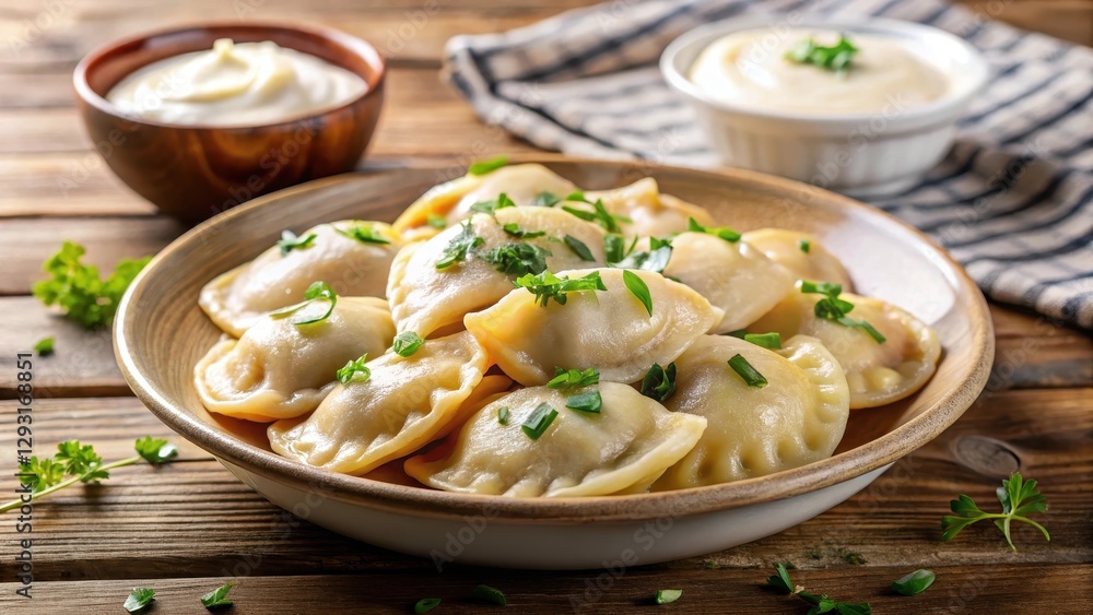 Traditional Polish pierogi served with a dollop of tangy sour cream