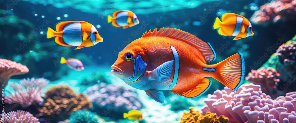 Fototapeta premium Vibrant underwater scene featuring coral reefs and colorful tropical fish in a crystal-clear ocean environment.
