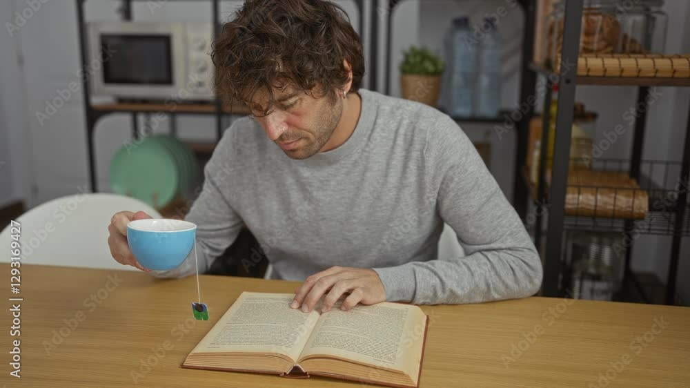 Young man reading book in kitchen while drinking tea, surrounded by modern kitchenware, kitchen, indoors, thoughtful expression, casual attire, focused on page, cozy atmosphere. Young man reading book in kitchen while drinking tea, surrounded by modern kitchenware, kitchen, indoors, thoughtful expression, casual attire, focused on page, cozy atmosphere.