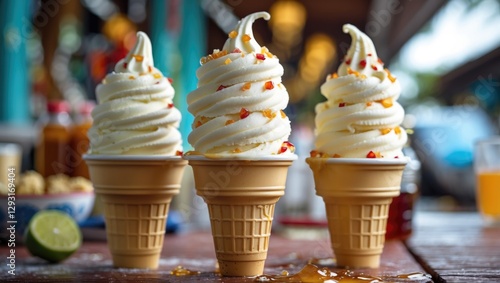 Wallpaper Mural Delicious Thai Soft Drink Ice Cream Cones with Colorful Toppings Served in Waffle Cups at Vibrant Outdoor Market Torontodigital.ca