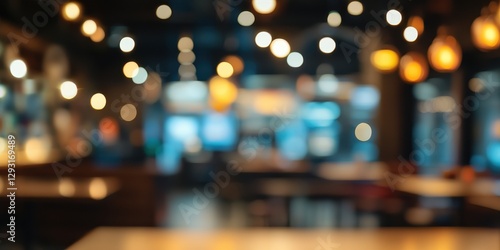 Blurred Night Restaurant Interior with Bokeh Lights