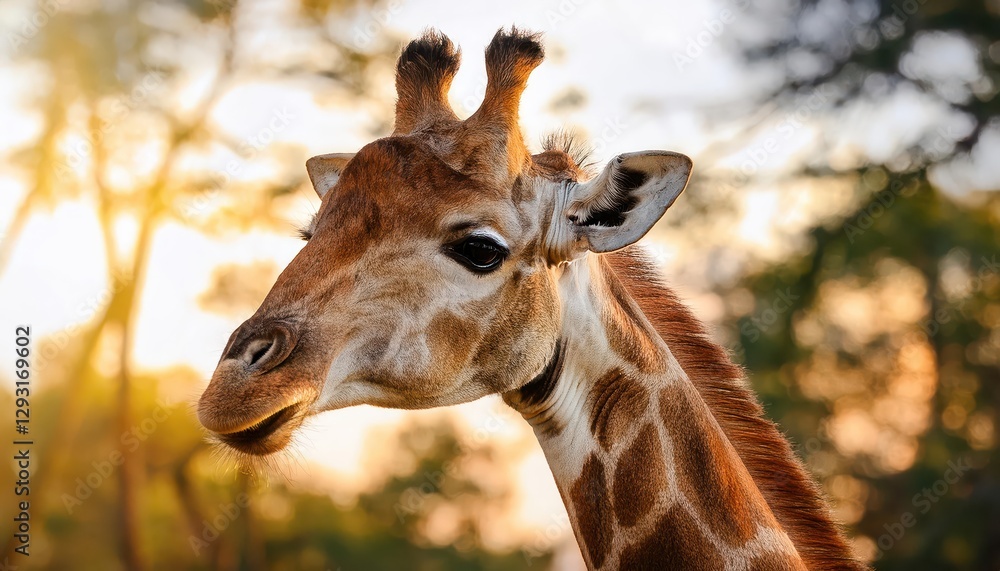 Upclose Giraffe Encounter Intimate Moment of a Majestic Giraffes Face with Backdrop of Towering Savannah Trees at Sunset Upclose Giraffe Encounter Intimate Moment of a Majestic Giraffes Face with Backdrop of Towering Savannah Trees at Sunset