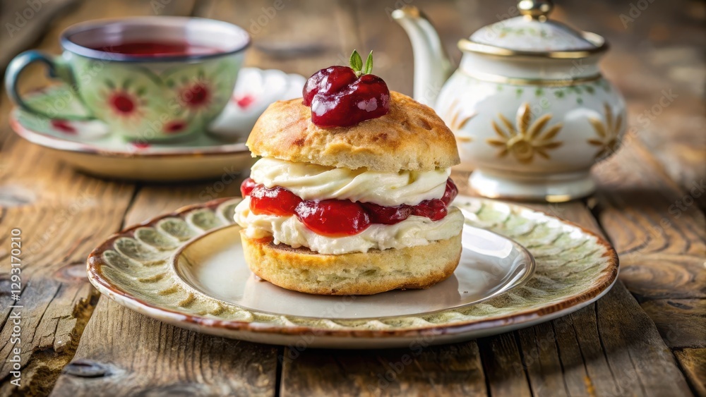 Flaky scone topped with a generous dollop of creamy clotted cream and a layer of sweet strawberry jam, perfectly balanced on a vintage-inspired table setting , breakfast, brunch Flaky scone topped with a generous dollop of creamy clotted cream and a layer of sweet strawberry jam, perfectly balanced on a vintage-inspired table setting , breakfast, brunch