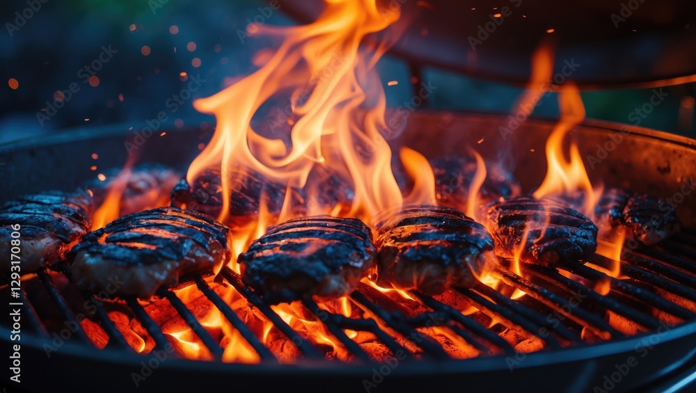 Grilling Juicy Meat Over Flames in a Barbecue with Intense Fire and Smoky Atmosphere Ideal for Summer Cookouts and Outdoor Cooking Grilling Juicy Meat Over Flames in a Barbecue with Intense Fire and Smoky Atmosphere Ideal for Summer Cookouts and Outdoor Cooking