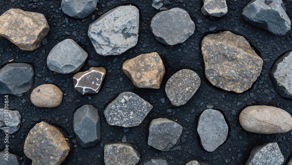 Asphalt texture featuring various large stones for construction and landscaping purposes. Asphalt texture featuring various large stones for construction and landscaping purposes.