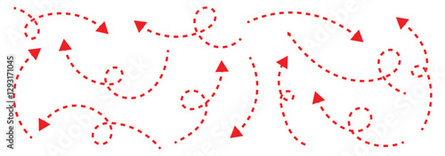 Dashed arrow set. Vector doodle dot line. Dotted hand drawn arrow. Doodle arrows of various shapes and directions. eps 888.