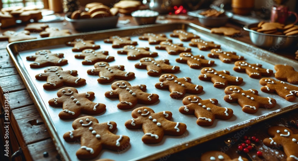 Gingerbread cookies on a baking tray in a rustic kitchen, showcasing festive traditions and the warmth of holiday baking experiences. Gingerbread cookies on a baking tray in a rustic kitchen, showcasing festive traditions and the warmth of holiday baking experiences.