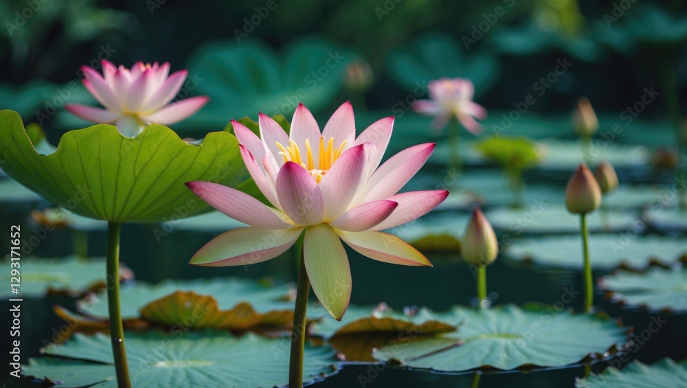 Blooming Lotus Flowers Surrounded By Green Leaves In Serene Summer Pond With Gentle Focus And Soft Lighting For Nature Photography. Blooming Lotus Flowers Surrounded By Green Leaves In Serene Summer Pond With Gentle Focus And Soft Lighting For Nature Photography.
