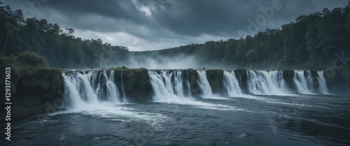 Majestic Waterfalls Under Dramatic Cloudy Skies With Serene Landscape And Ample Space For Text Insertions