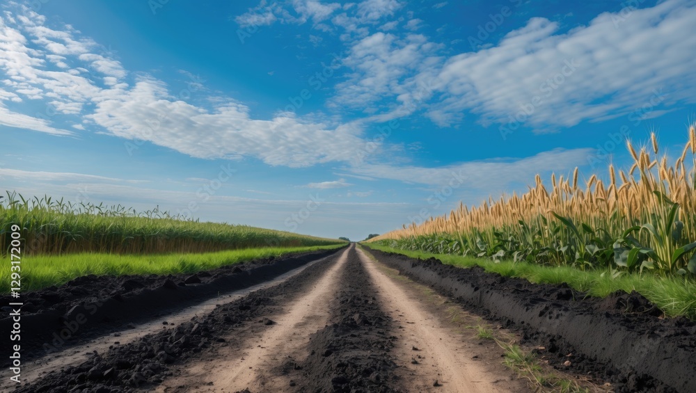 Serene Summer Landscape Featuring Dirt Road Through Green Wheat Fields Under Bright Blue Sky With Empty Space For Text and Creative Use Serene Summer Landscape Featuring Dirt Road Through Green Wheat Fields Under Bright Blue Sky With Empty Space For Text and Creative Use