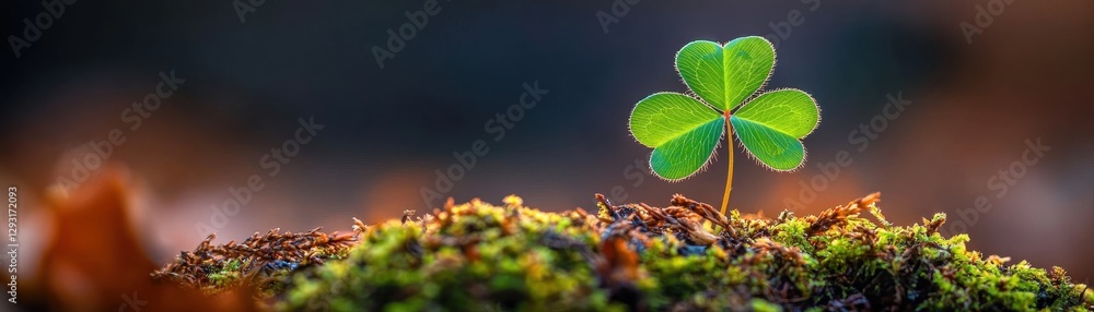 Fototapeta premium St.Patrick’s Day Celebration Concept, A close-up of a single green clover leaf sprouting from mossy ground with a blurred background.