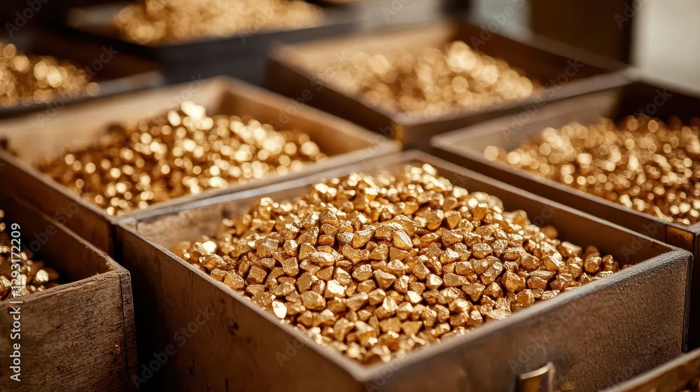 Close-Up of Gleaming Gold Nuggets in Wooden Trays at Refinery Close-Up of Gleaming Gold Nuggets in Wooden Trays at Refinery