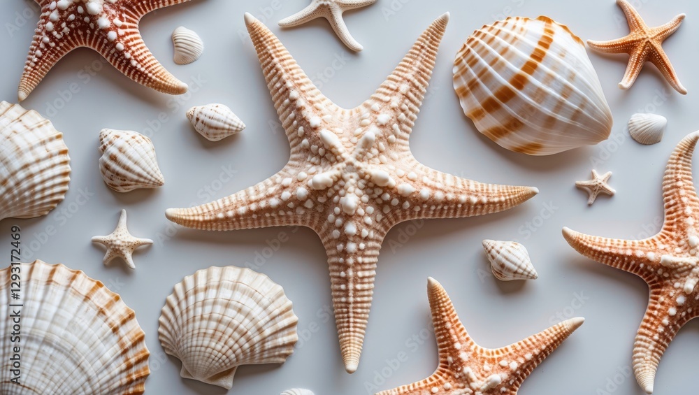 Seashells and Starfish Collection on White Background with Space for Your Text or Design Elements Seashells and Starfish Collection on White Background with Space for Your Text or Design Elements
