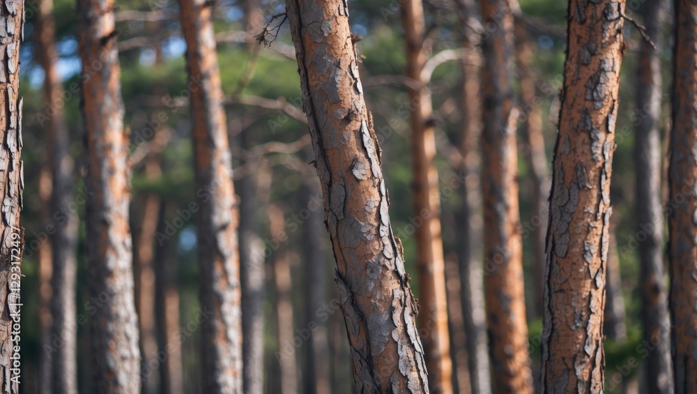 Fototapeta premium Close-up view of pine tree trunks in a forest showcasing textures and the natural beauty of pine bark in a serene outdoor setting.