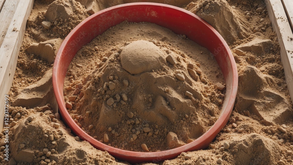 Sandbox with a circular red border and empty space for text surrounded by textured sand mounds suitable for children's play or creative projects Sandbox with a circular red border and empty space for text surrounded by textured sand mounds suitable for children's play or creative projects