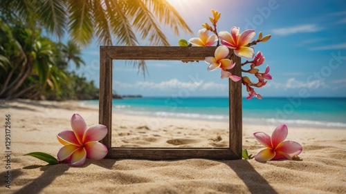 Tropical beach scene featuring a wooden frame adorned with plumeria flowers, showcasing soft sands and serene blue waters under a sunny sky. photo