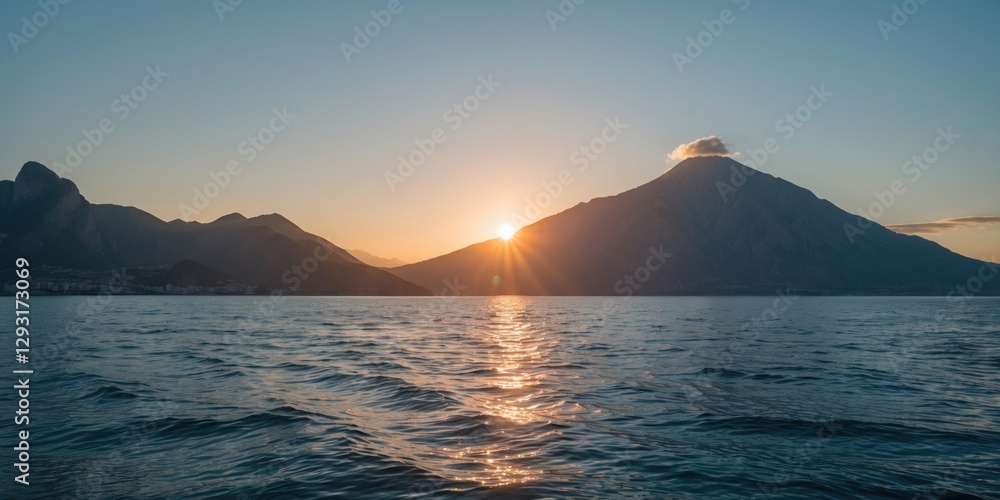 Serene Sunrise Over Mountain Reflected in Calm Sea with Clear Sky and Copy Space for Inspirational Text or Quotes Serene Sunrise Over Mountain Reflected in Calm Sea with Clear Sky and Copy Space for Inspirational Text or Quotes