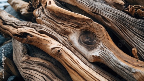 Intricate textures of driftwood showcasing natural wood grain patterns and weathering on the shores of Washington State.