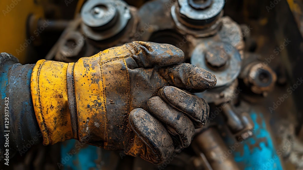 Gloved Hand Working on Old Machinery Shows Manual Labor Concept Gloved Hand Working on Old Machinery Shows Manual Labor Concept