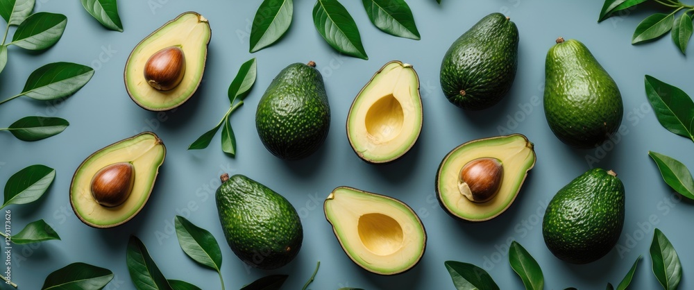 Fresh Organic Green Avocados Halves and Whole with Leaves on Blue Background Healthy Summer Food Concept Minimal Flat Lay Design Fresh Organic Green Avocados Halves and Whole with Leaves on Blue Background Healthy Summer Food Concept Minimal Flat Lay Design