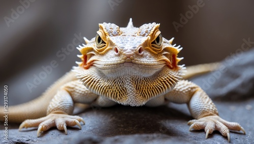 Bearded dragon Pogona vitticeps close-up on rock surface showcasing detailed textures and vibrant colors in natural habitat setting. photo