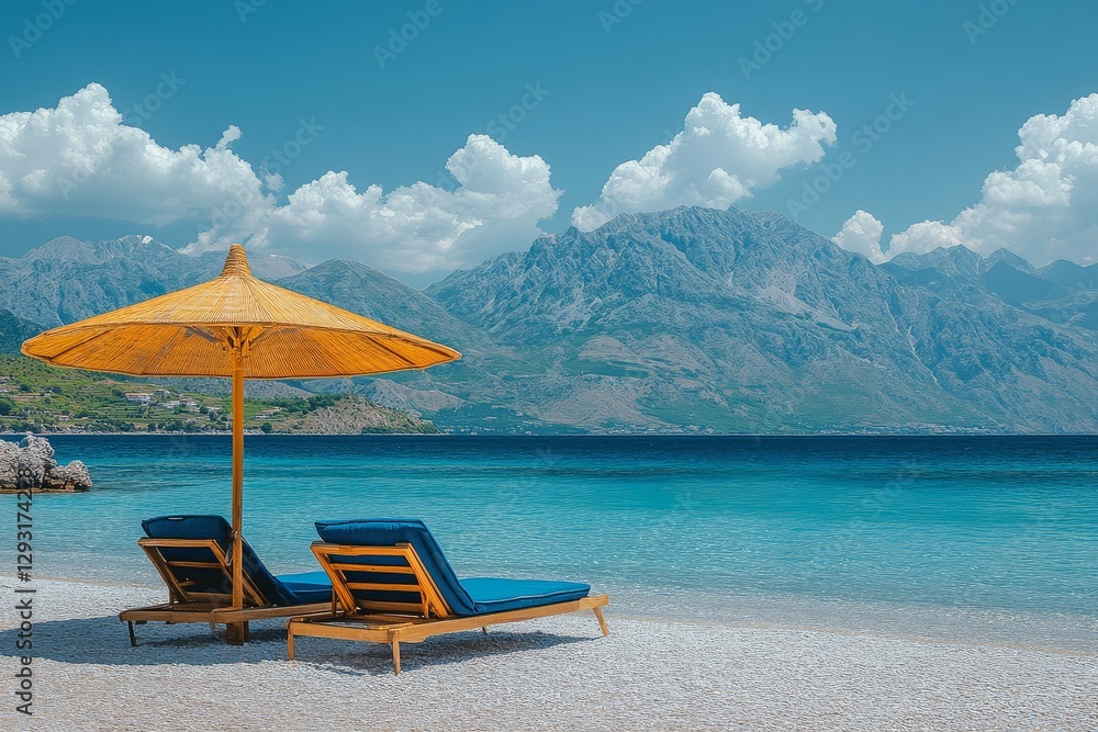 Obraz premium Two sun loungers with blue cushions and an umbrella on the beach of Mëdhëja, Albania, overlooking the mountains, blue sky, and calm sea.