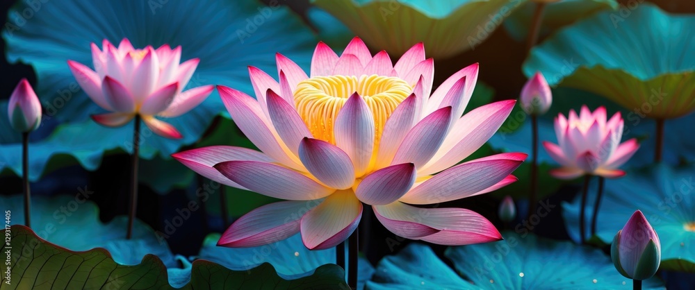 Elegant lotus flowers in soft pastel hues surrounded by lush green leaves creating a serene background for text or design elements. Elegant lotus flowers in soft pastel hues surrounded by lush green leaves creating a serene background for text or design elements.