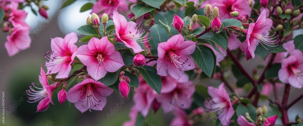 Fuchsia Shrub with Pink Flowers and Green Leaves in Blooming Stage Displaying Buds and Blossoms in a Garden Setting Fuchsia Shrub with Pink Flowers and Green Leaves in Blooming Stage Displaying Buds and Blossoms in a Garden Setting
