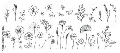 Collection of floral and botanical elements. Set of leaf, foliage wildflowers, plants, bloom, leaves and herb. Hand drawn of blossom spring season vectors for decor, website, wedding card and shop.