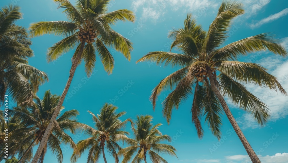 Obraz premium Coconut palm trees under a clear turquoise sky with empty space for text perfect for tropical vacation and tropical theme designs.