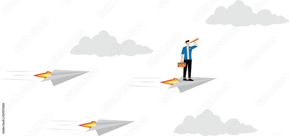 Business leadership concept. Confident businessman forecasting strategy solution with spyglass flying on paper planes. teamwork, growth and progress to be success Business leadership concept. Confident businessman forecasting strategy solution with spyglass flying on paper planes. teamwork, growth and progress to be success