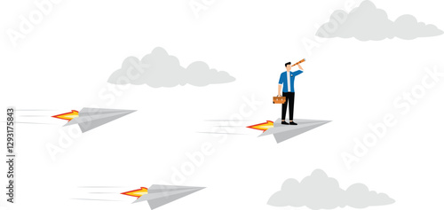 Business leadership concept. Confident businessman forecasting strategy solution with spyglass flying on paper planes. teamwork, growth and progress to be success