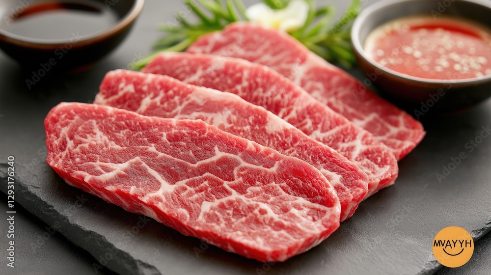 Fresh Marbled Wagyu Beef Slices on a Black Plate Fresh Marbled Wagyu Beef Slices on a Black Plate