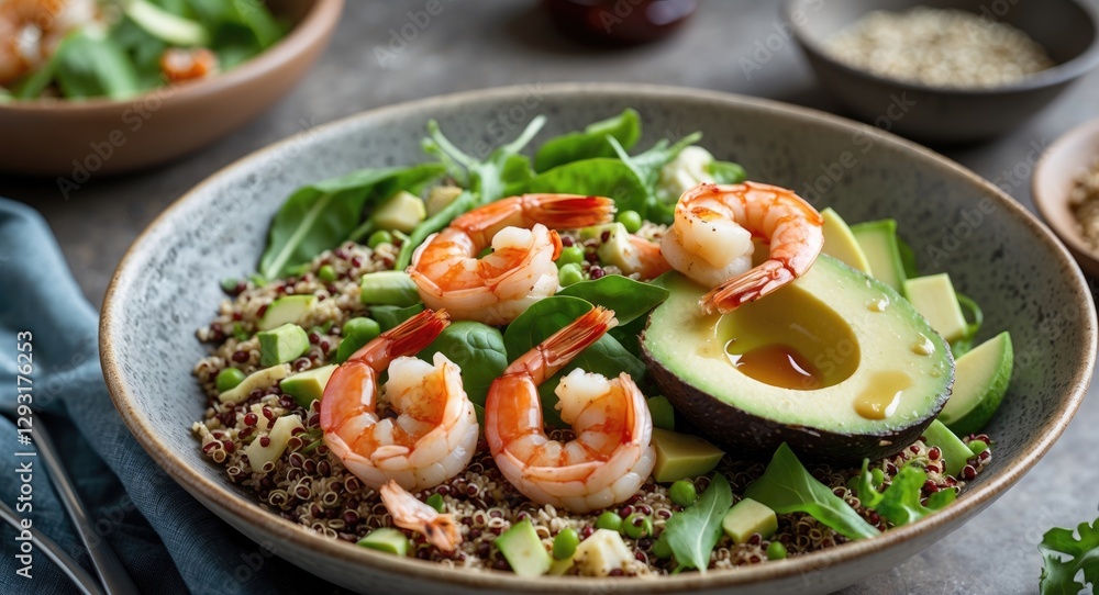 Delicious quinoa salad bowl with shrimp and avocado on a rustic table ideal for healthy eating and food promotion with empty space for text. Delicious quinoa salad bowl with shrimp and avocado on a rustic table ideal for healthy eating and food promotion with empty space for text.